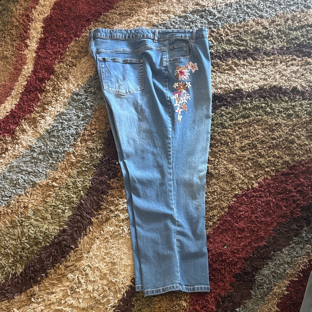 Woman Within Blue Straight Leg Jeans with Floral Embroidery